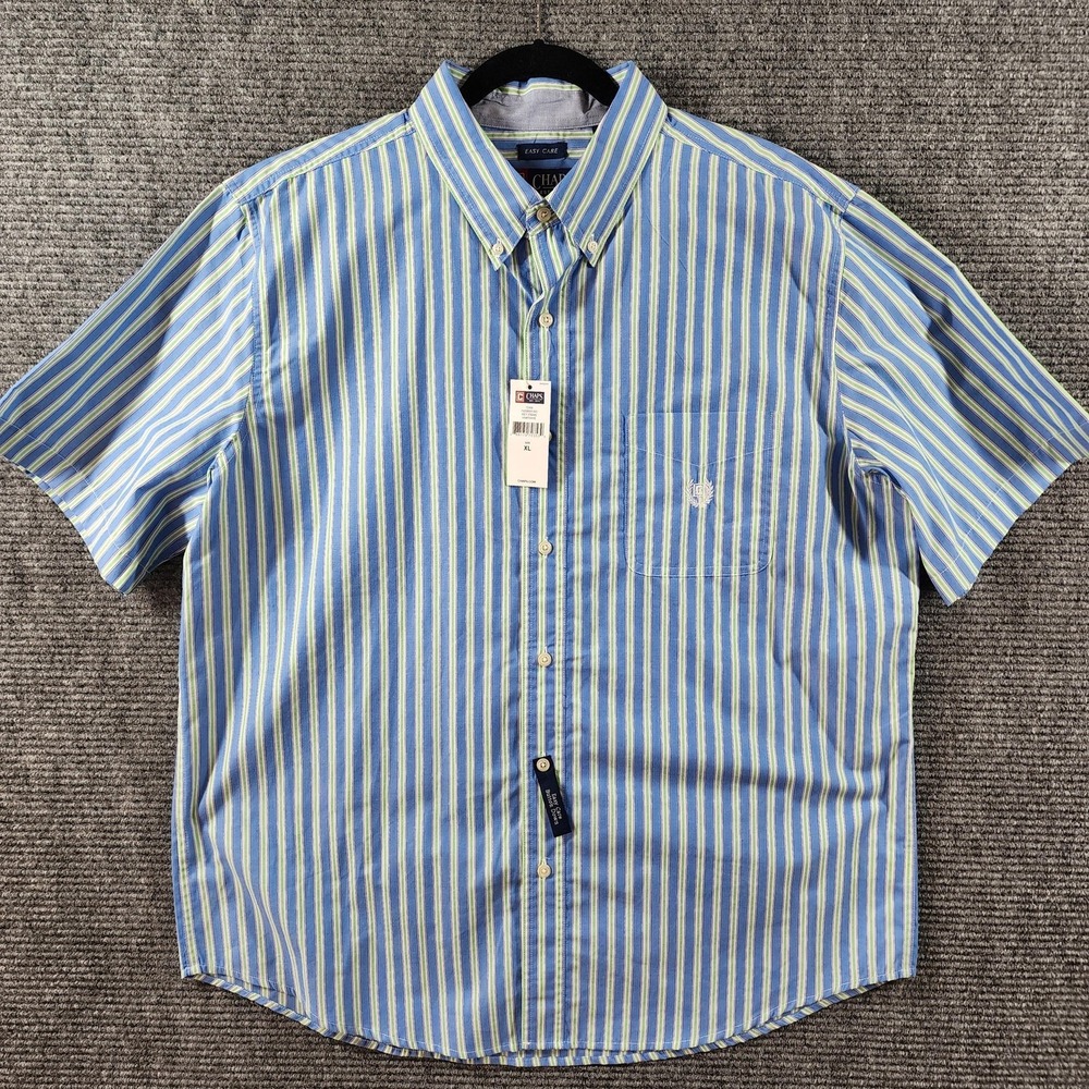 Chaps Hampshire Shirt Mens XL Blue Green Stripe Short Sleeve‎ Button Down
